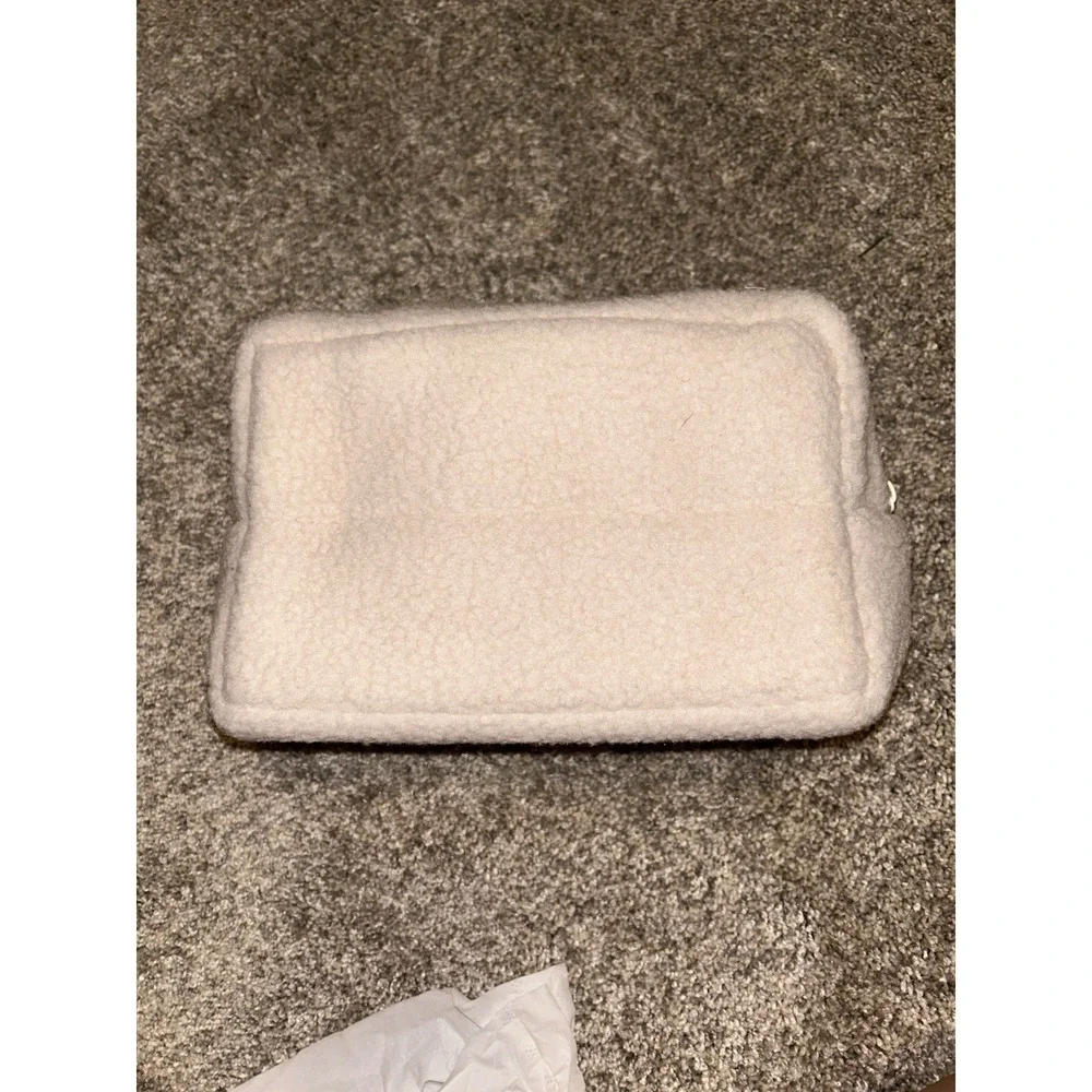 WILO The Label Teddy Sherpa Cosmetic Makeup Toiletry Travel Zip Pouch Cream Bag